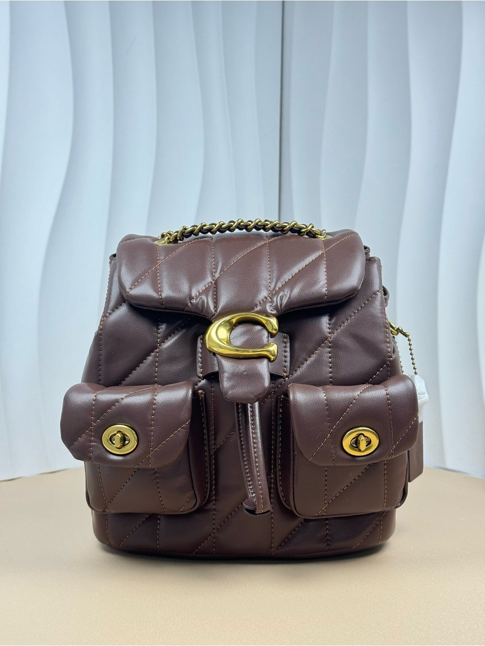 Quilted Brown Women's Backpack Handbag with Gold Hardware